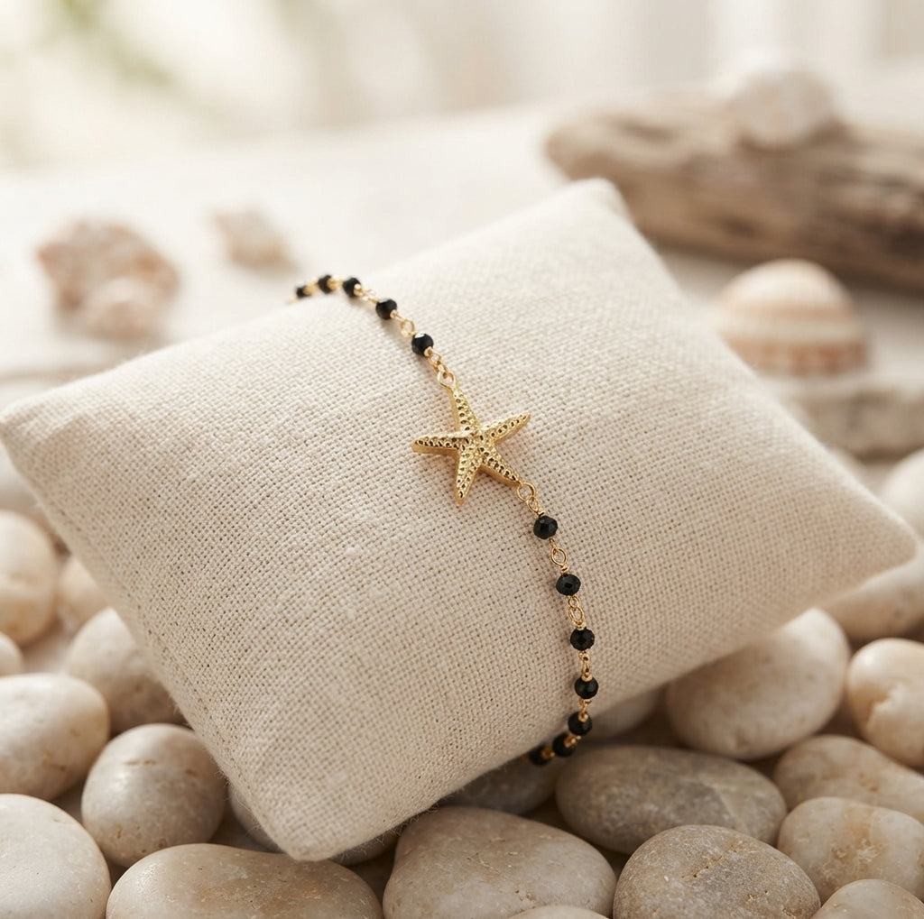 Pulsera Dorada con Estrella de Mar y Cuentas | Pulsera de Acero Inoxidable