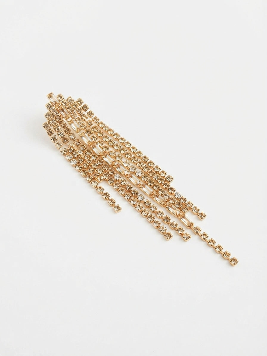 Pendientes Largos Dorados de Fiesta con Circonitas y Flecos de Brillantes | Pendientes de Acero Inoxidable