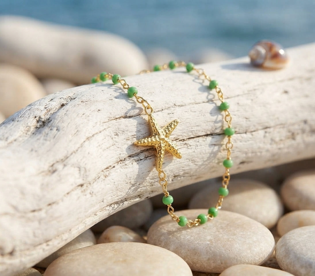 Pulsera Dorada con Estrella de Mar y Cuentas | Pulsera de Acero Inoxidable