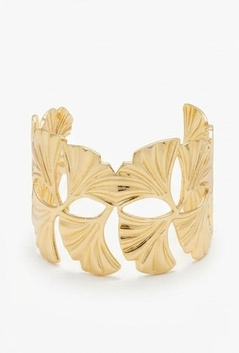 Brazalete Dorado Ancho con Hojas de Ginkgo | Pulsera Rígida de Acero Inoxidable