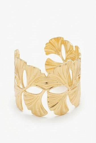Brazalete Dorado Ancho con Hojas de Ginkgo | Pulsera Rígida de Acero Inoxidable