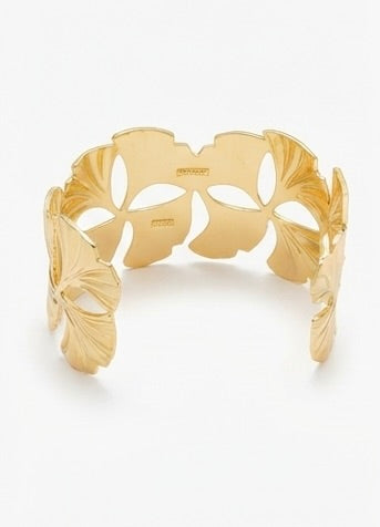 Brazalete Dorado Ancho con Hojas de Ginkgo | Pulsera Rígida de Acero Inoxidable