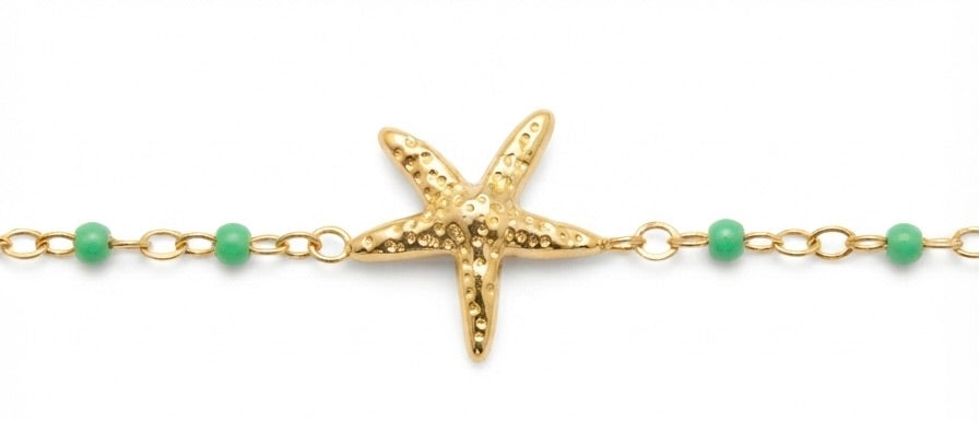 Pulsera Dorada con Estrella de Mar y Cuentas | Pulsera de Acero Inoxidable