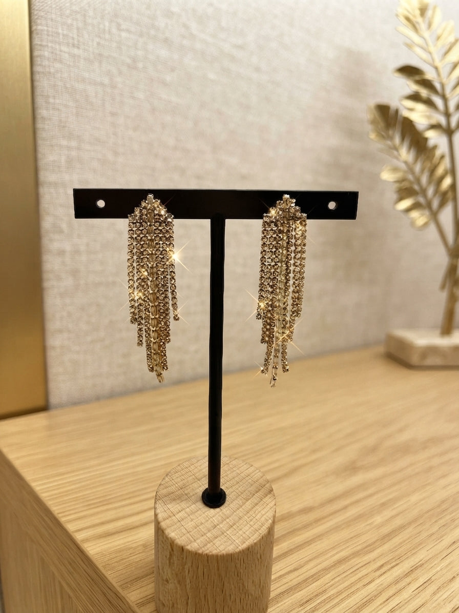 Pendientes Largos Dorados de Fiesta con Circonitas y Flecos de Brillantes | Pendientes de Acero Inoxidable