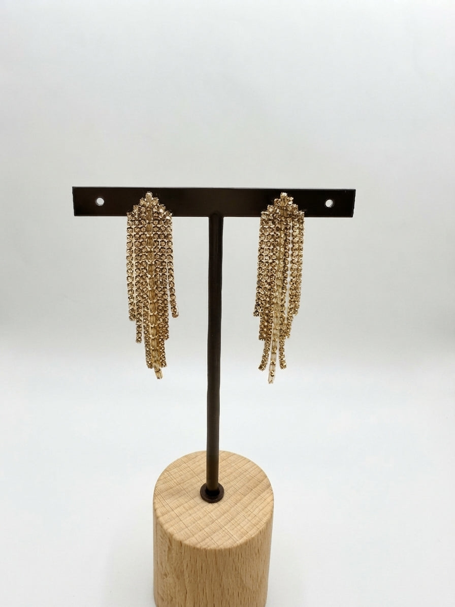 Pendientes Largos Dorados de Fiesta con Circonitas y Flecos de Brillantes | Pendientes de Acero Inoxidable