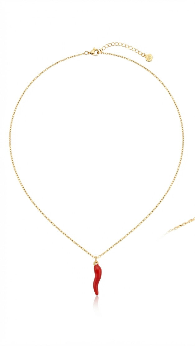 Collar Dorado con Colgante de guindilla Rojo | Colgante de Acero Inoxidable