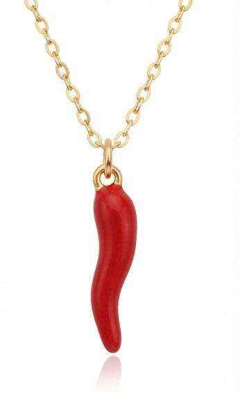 Collar Dorado con Colgante de guindilla Rojo | Colgante de Acero Inoxidable