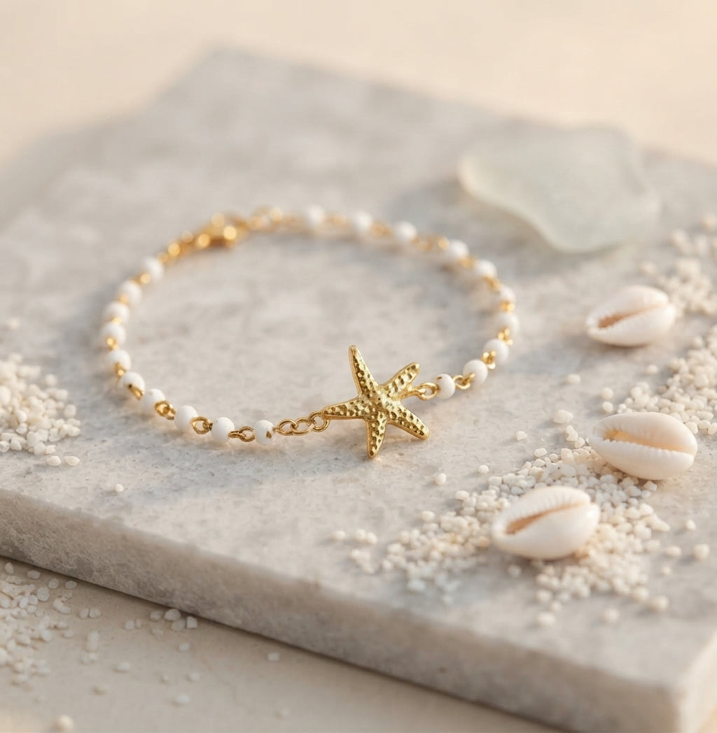 Pulsera Dorada con Estrella de Mar y Cuentas | Pulsera de Acero Inoxidable