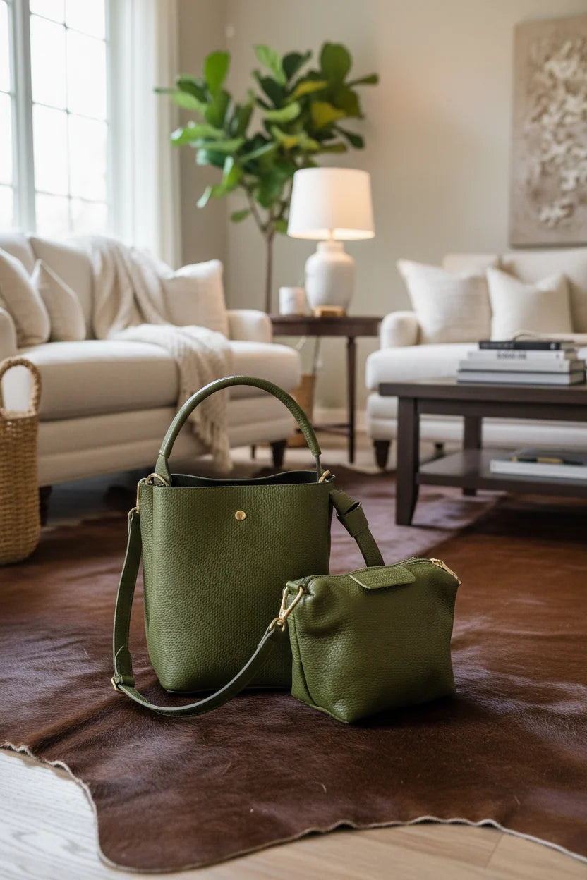 'Modelo Cesta Urbana' | Bolso Cubo + Pouch en Piel Genuina
